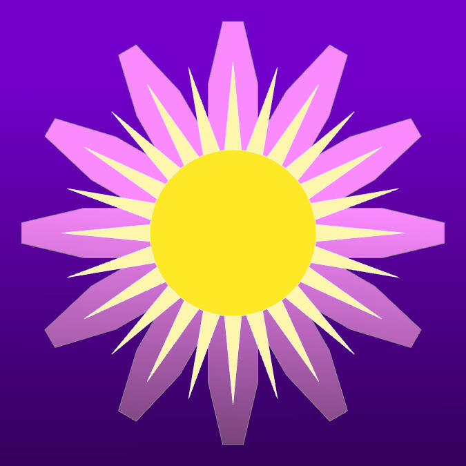 A logo representing a pink flower with a purple background in a geometric pattern.