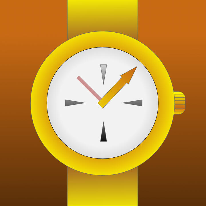 A logo of a golden watch with yellow watch band and simplistic watch face.