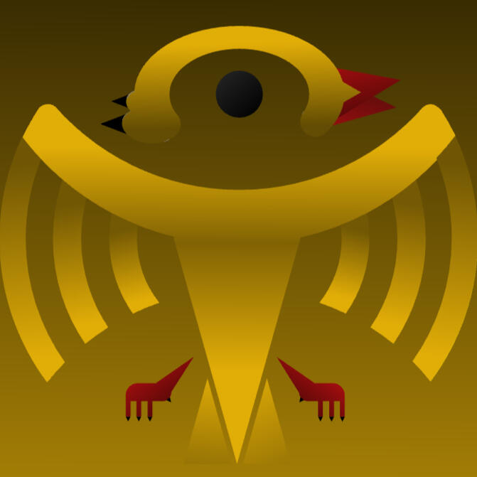 A logo in gold tones depicting a Plutonian Phoenix that is an alteration of the sign for Pluto in the form of a Phoenix.